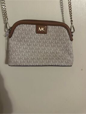 Michael Kors Beige & Brown Logo Crossbody with Gold Hardware
